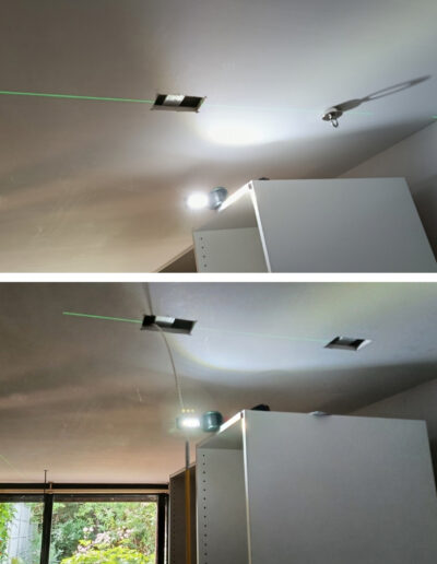 electricien-viroflay 2 Traçage au niveau laser vert et perçage du plafond pour l'encastrement précis de spots LED par Wendelec Services à Viroflay